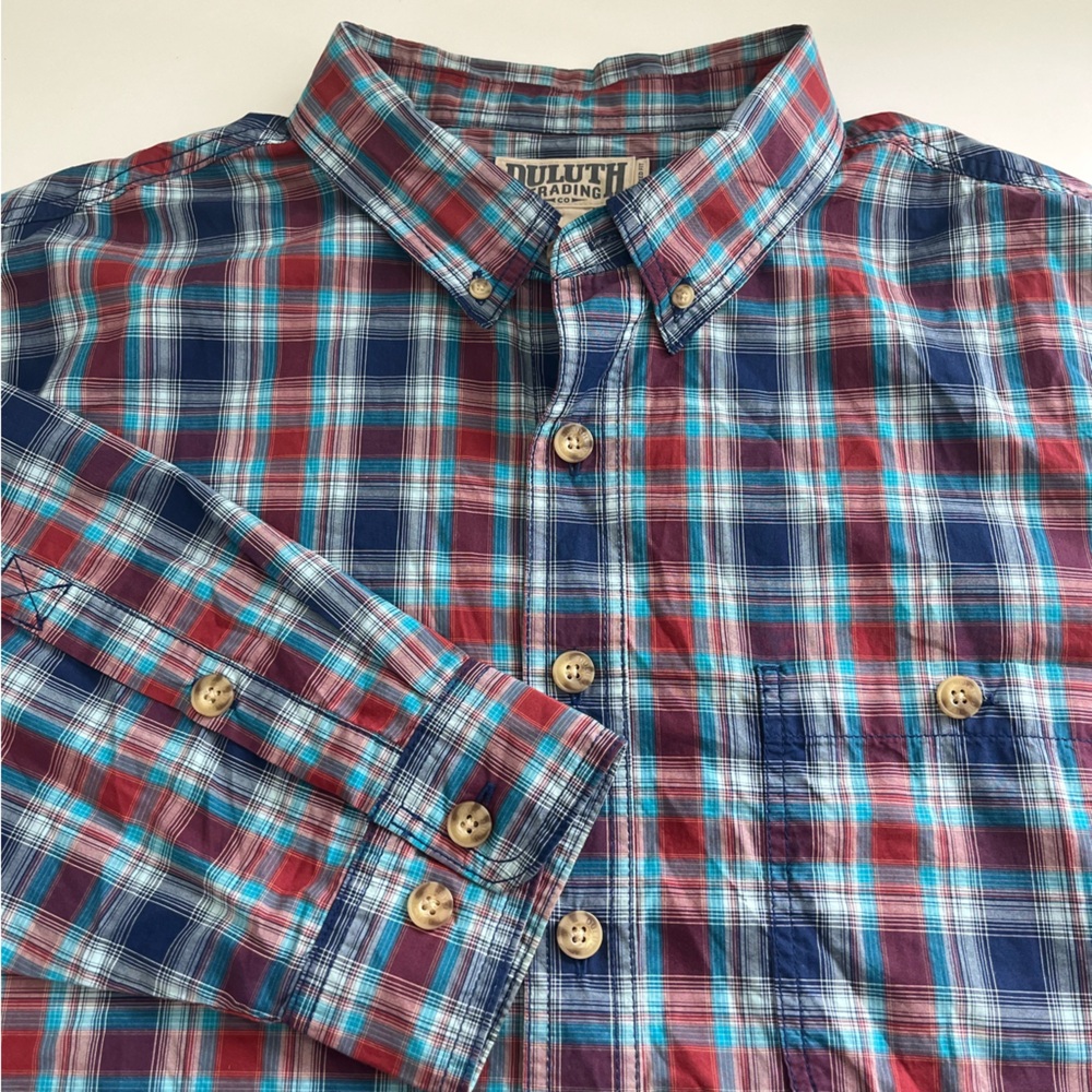 Duluth Trading‎ Co Men’s Relaxed Fit Red Blue Plaid Long Sleeve Button Down XXLT